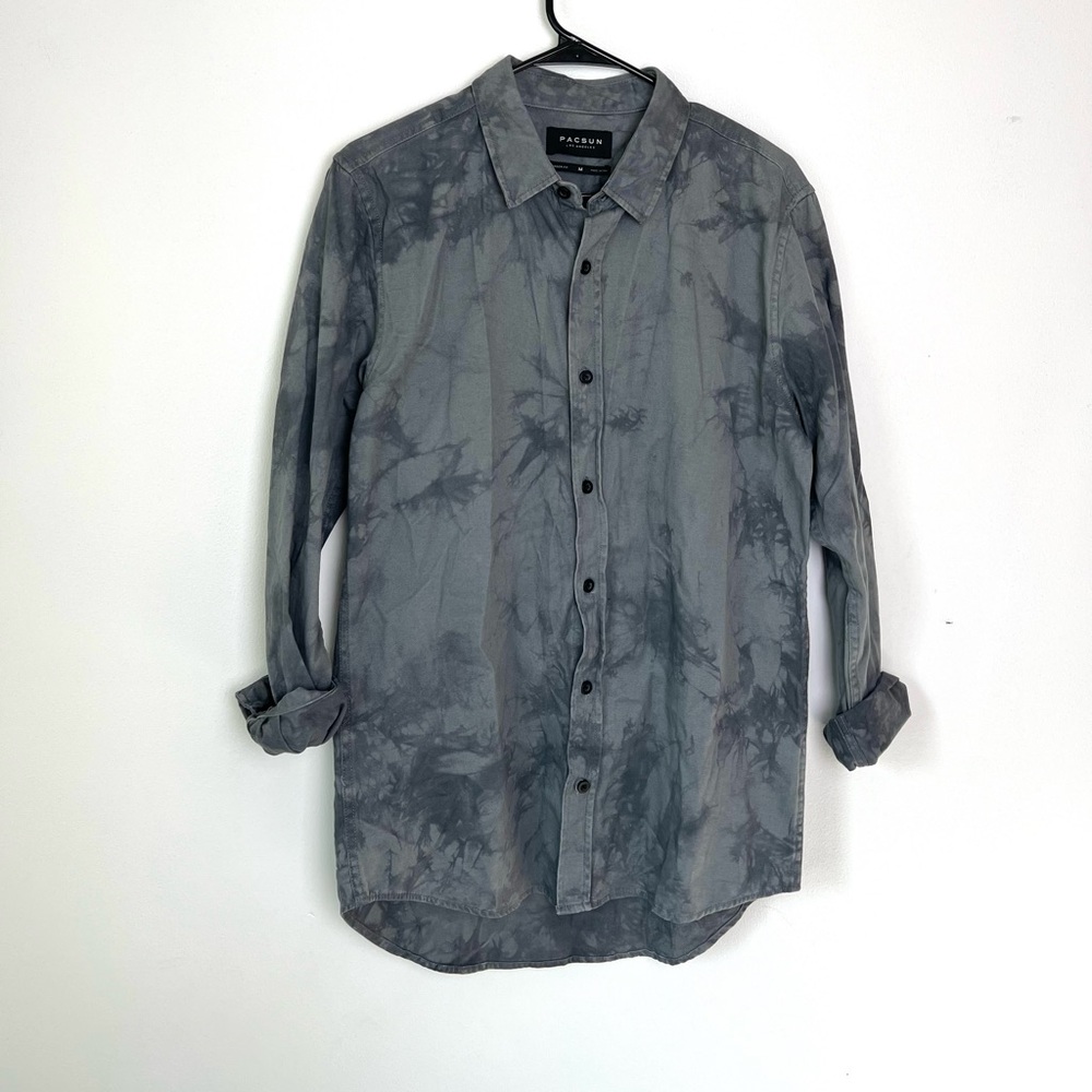 Men's PacSun Longer Fit Button Up Long Sleeve Gray Tie-dye 100%‎ Cotton